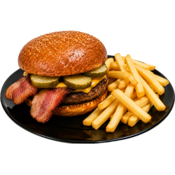 2. Bacon burger menu - žemľa, slaninková majonéza, šalát, hovädzie mäso, cheddar, uhorka, slaninka, slaninkové chutney, hranolky.