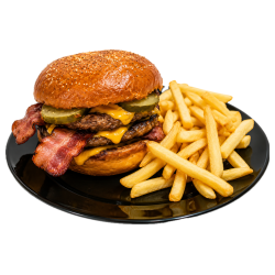 6. Double Bacon burger menu - žemľa, slaninková majonéza a chutney, šalát, 2xhovädzie mäso, 2xcheddar, uhorka, slaninka, hranolky.