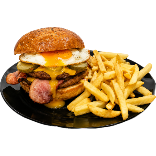 7. Double Egg burger menu - žemľa, majonéza, šalát, 2xhovädzie mäso, 2xcheddar, kyslá uhorka, slaninka, vajíčko, horčica, hranolky. 7. Double Egg burger menu - žemľa, majonéza, šalát, 2xhovädzie mäso, 2xcheddar, kyslá uhorka, slaninka, vajíčko, horčica, hranolky.
