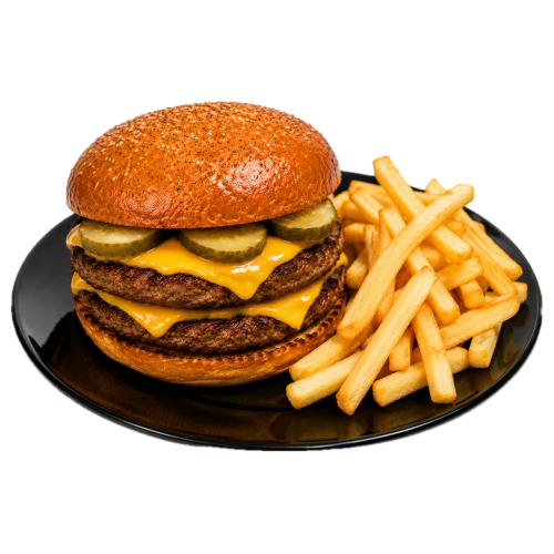5. Double Papkáč burger menu - žemľa, kečup, šalát, 2xhovädzie mäso 2xcheddar, kyslá uhorka, cibuľka, horčica, hranolky