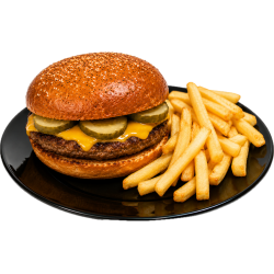 1. Papkáč burger menu – žemľa, kečup, šalát, hovädzie mäso, cheddar, kyslá uhorka, cibuľka, horcica, hranolky
