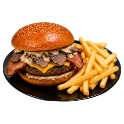 4. Truffle smash Burger - žemľa, hľuzovková majonéza, šalát, hovädzie mäso, cheddar, kyslá uhorka, slaninka, hranolky
