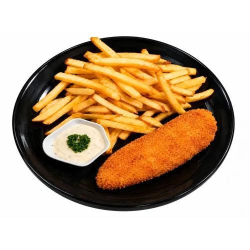 7. Fish and chips (vyprážané filé z hoka v trojobale), hranolky, tatarská omáčka