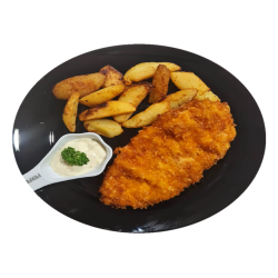 1. Chrumkavé kuracie rezne v kukuričnom trojobale (cornflake), šťúchané omastené zemiačky