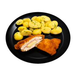 11. Cordonbleu – kuracie prsia plnené šunkou a syrom, varené zemiaky