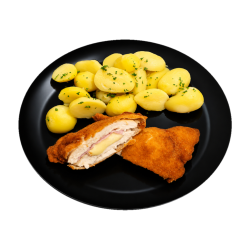 11. Cordonbleu – kuracie prsia plnené šunkou a syrom, varené zemiaky