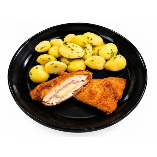 11. Cordon bleu – kuracie prsia plnené šunkou a syrom, varené zemiaky