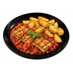 3. Grilované tofu v paradajkovo–bazalkovom concasse, pečené zemiaky