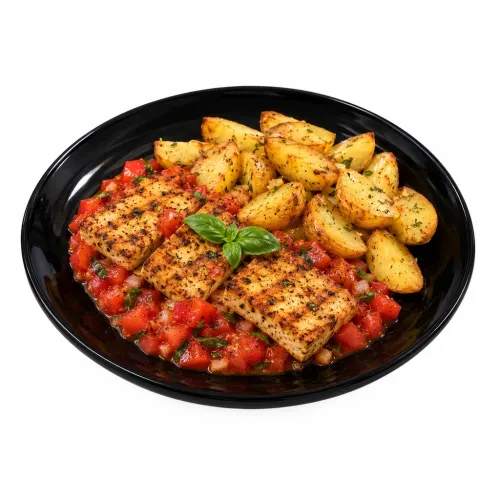 3. Grilované tofu v paradajkovo–bazalkovom concasse, pečené zemiaky