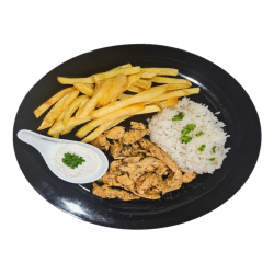 1. Kurací gyros, ½ dusená ryža, ½ hranolky, tzatziky dressing