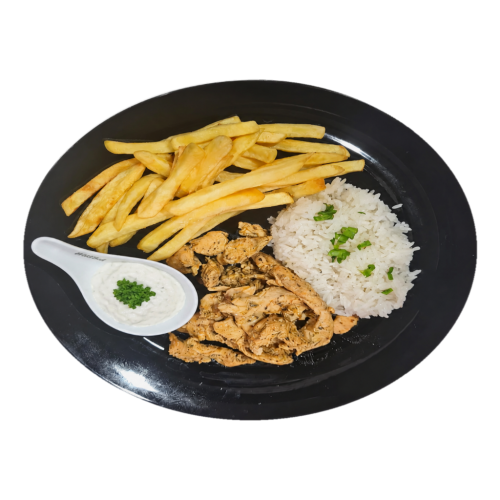 3. Kurací gyros, ½ dusená ryža, ½ hranolky, tzatziky dressing