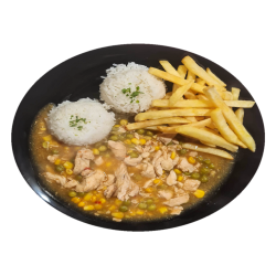 1. Kuracie soté na mexický spôsob (mrkva, fazuľka, kukurica), 1/2 dusená ryža, 1/2 hranolky