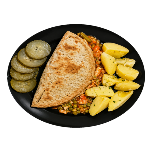 1. Pastierska kapsa (zemiaková placka plnená s mäsom a zeleninou), varené zemiaky, kyslé uhorka 1. Pastierska kapsa (zemiaková placka plnená s mäsom a zeleninou), varené zemiaky, kyslé uhorka